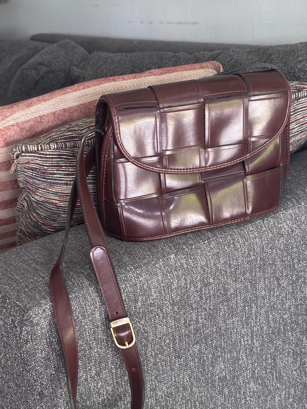 Woven Dark Brown Leather shoulder bag with adjustable strap